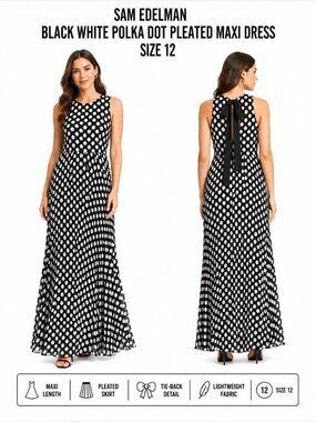 SAM EDELMAN BLACK WHITE POLKA DOT PLEATED MAXI DRESS SIZE 12 NWT